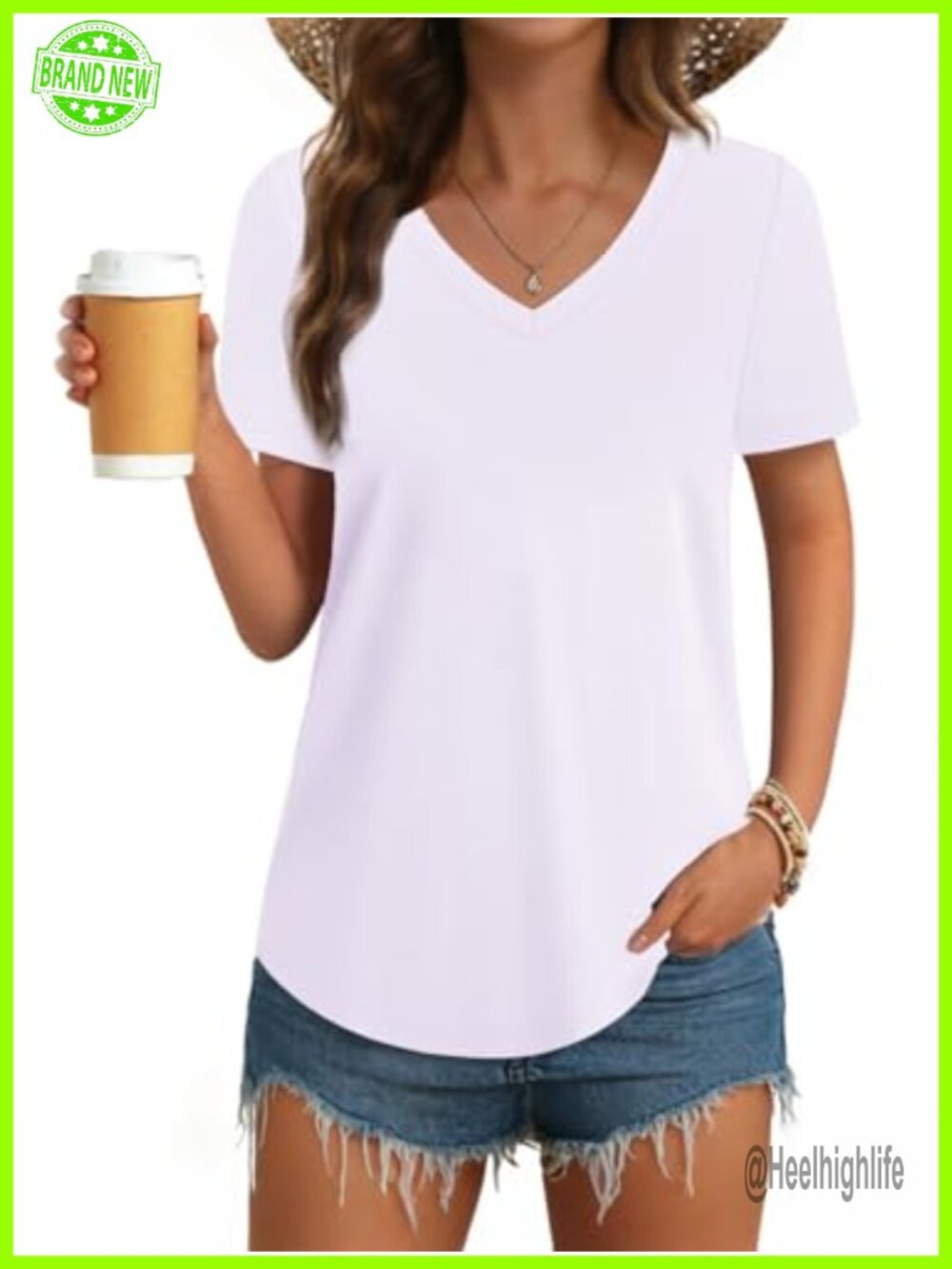 Womens V-Neck Short Sleeve Cotton T-Shirt Curved Hem Basic Tee